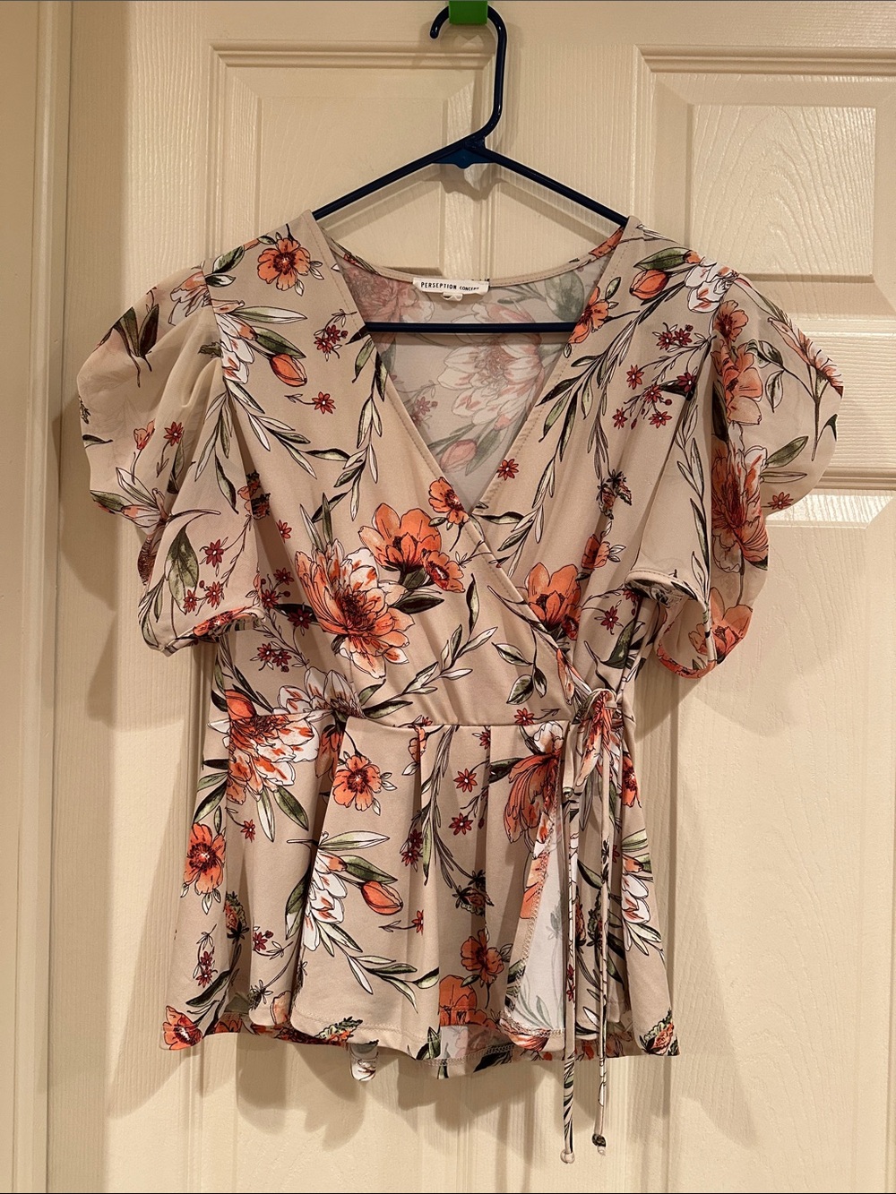 PerSeption Concept Beige Floral Wrap Top with Orange Flowers